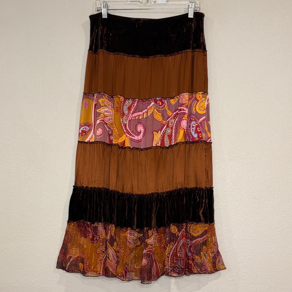 Cache Brown Multi-Color Tiered Paisley Maxi Skirt